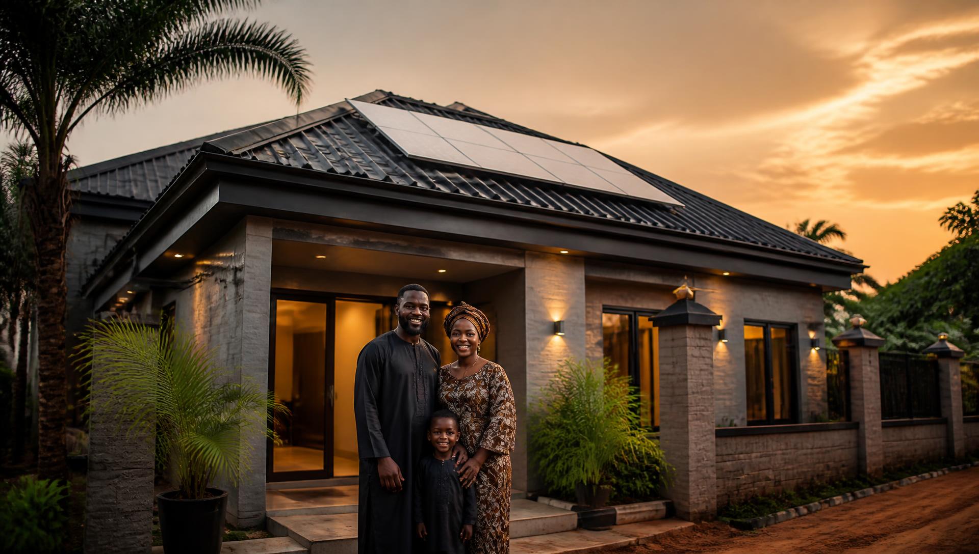 A Nigerian family outside their home with rooftop solar panels at golden hour
